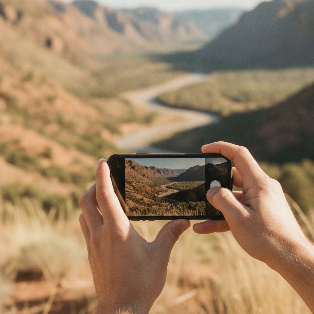Mão filmando uma paisagem com o celular